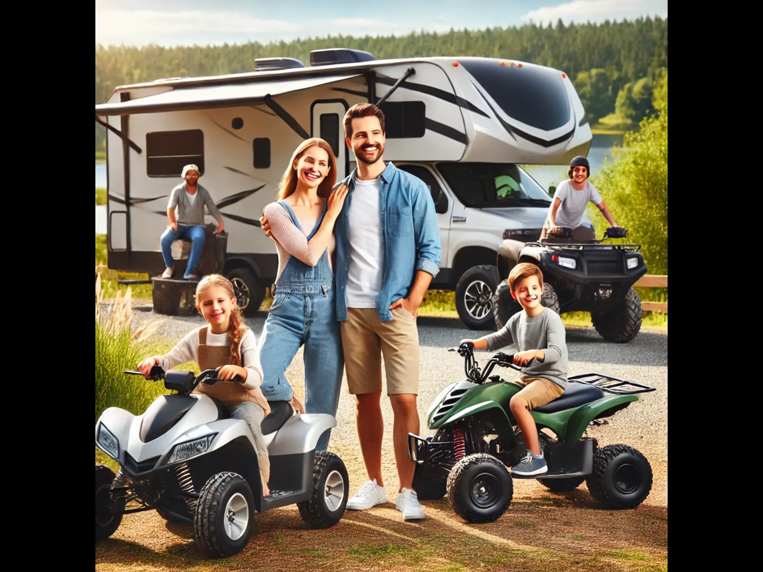 DALL·E 2025-02-07 09.04.39 - A family enjoying outdoor recreation with various vehicles. A modern RV is parked in the background, with parents standing in front of it smiling. Nea (1)